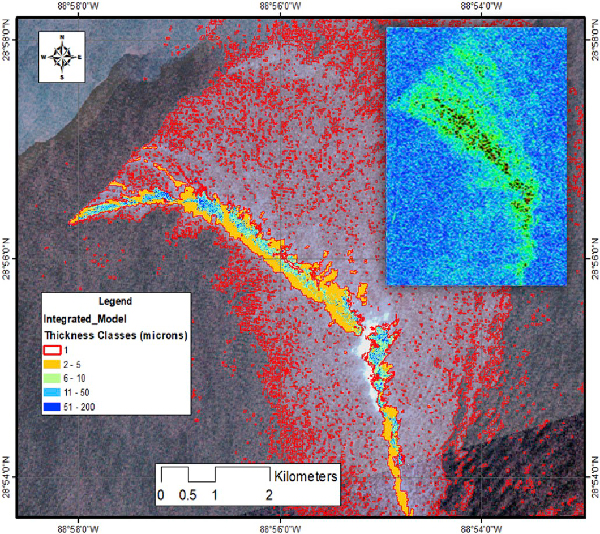 A satellite image with various parts highlighted in red and blue.